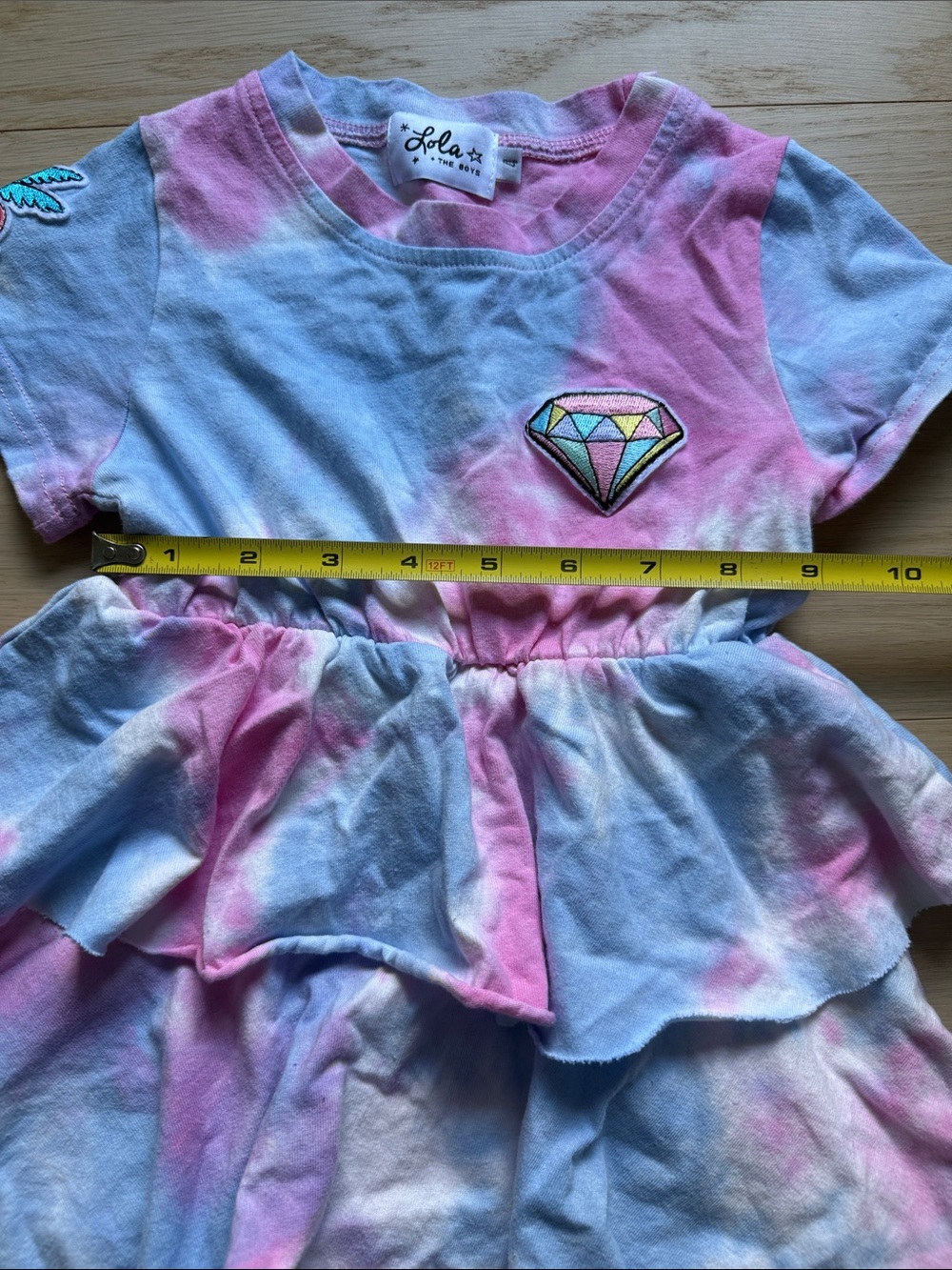 Lola + The Boys Pink and Light Blue Tie-Dye Ruffle Dress with Diamond Patch - Picture 4 of 6
